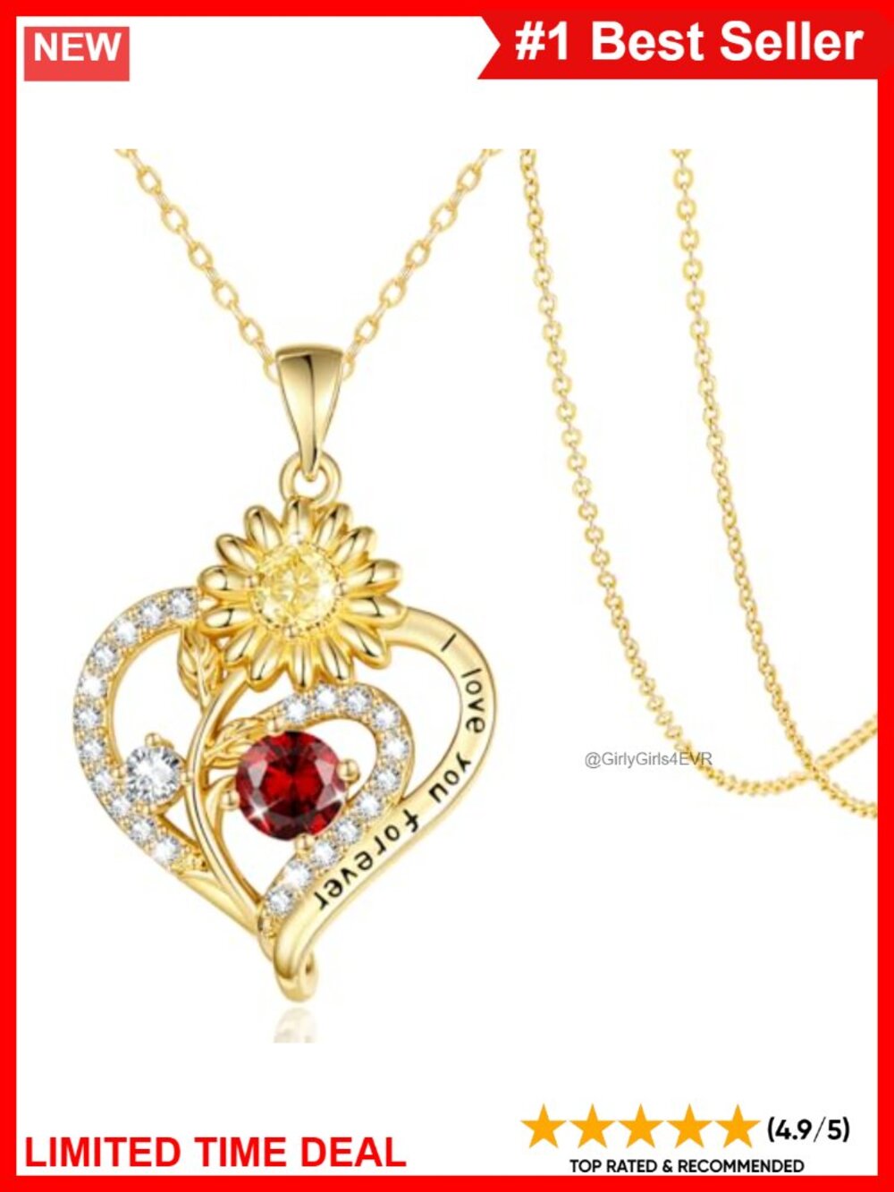 14K Gold Plated Sunflower Heart Pendant Necklace January Birthstone